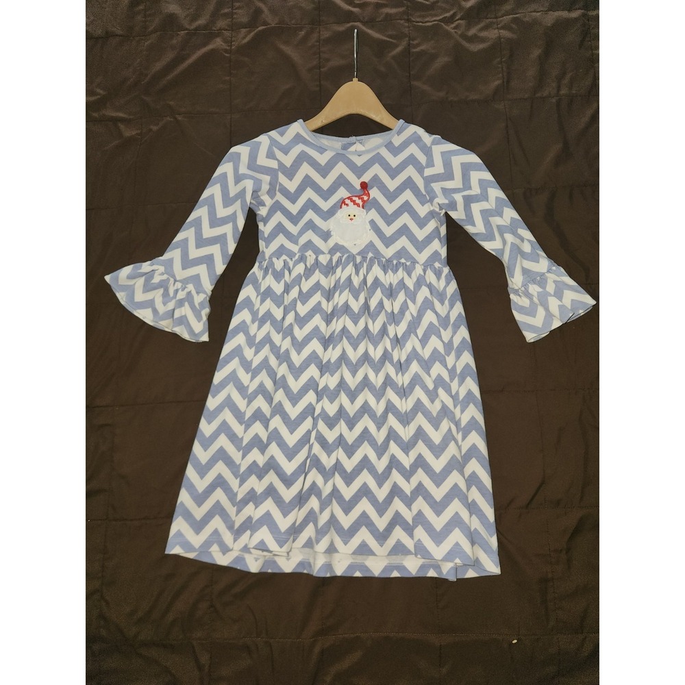 Zuccini Kids Girls Size 6 Christmas Santa Chevron Ruffle Dress Blue White